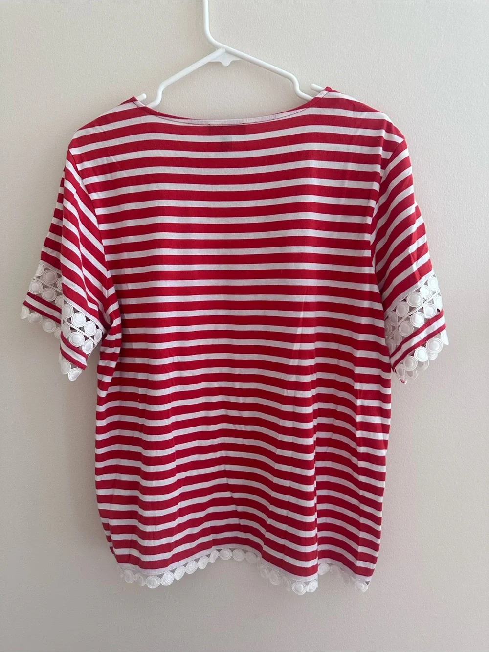 J. Crew Red & White Striped Lace-Trim Short Sleeve Tee